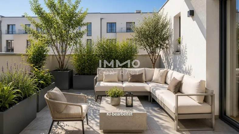 Moderne Dachterrasse mit bequemen Lounge-Möbeln, Pflanzen und Blick auf umliegende Gebäude.