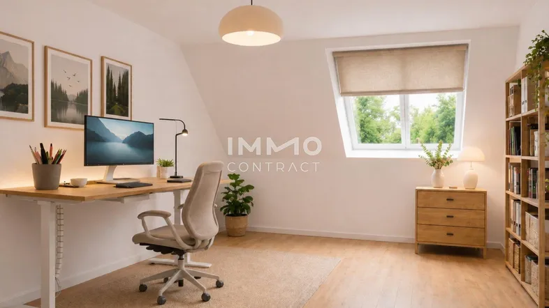 Helles Arbeitszimmer mit Dachschräge, modernem Schreibtisch und Blick ins Grüne.
