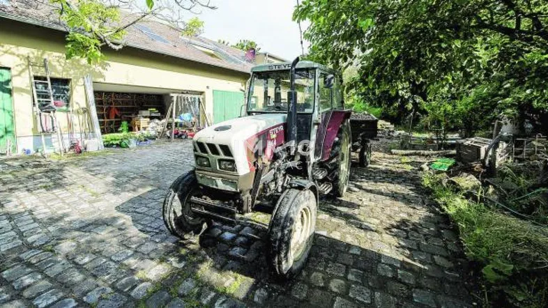 Gepflasterter Hofbereich mit Traktor und Gebäuden im Hintergrund, umgeben von viel Grün.