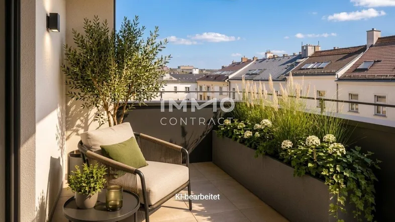 Heller Balkon mit bequemen Sitzgelegenheiten, Pflanzen und Blick über die Dächer der Stadt.
