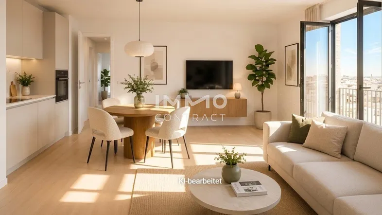 Heller offener Wohn-Essbereich mit moderner Einrichtung, Holzboden und Zugang zum Balkon.