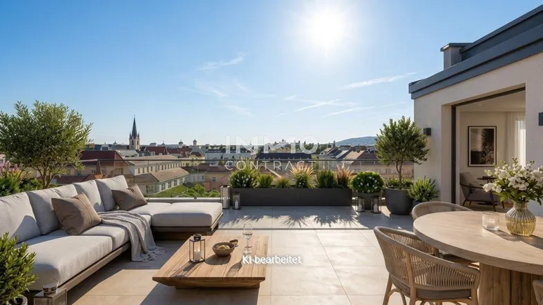 Sonnige Dachterrasse mit modernen Loungemöbeln, Essbereich und weitem Stadt- sowie Bergblick.
