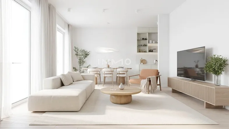 Helles, modernes Wohn-Esszimmer mit beigem Sofa, Holztisch und integriertem Essbereich.