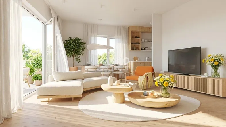 Helles, modernes Wohnzimmer mit Essbereich, offener Küche und Zugang zu einem sonnigen Balkon.