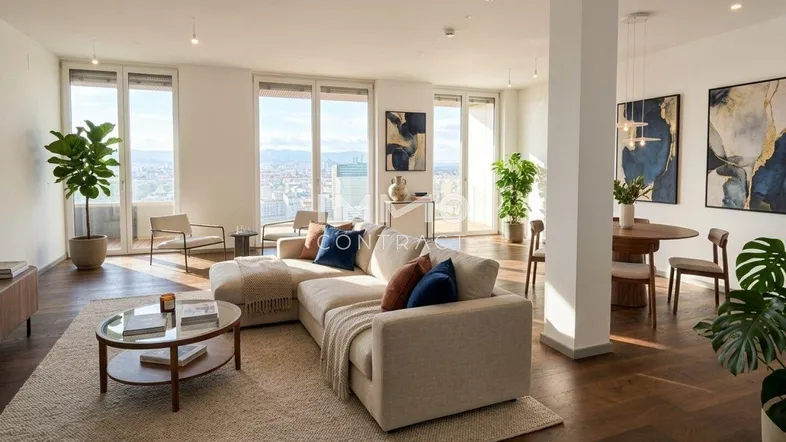 Helles, offenes Wohn-Esszimmer mit Holzboden, modernen Möbeln und Panoramablick auf die Stadt.