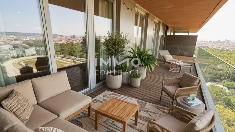 Geräumiger Balkon mit bequemen Sitzmöbeln und weitem Blick über die Stadt und die Rennbahn.