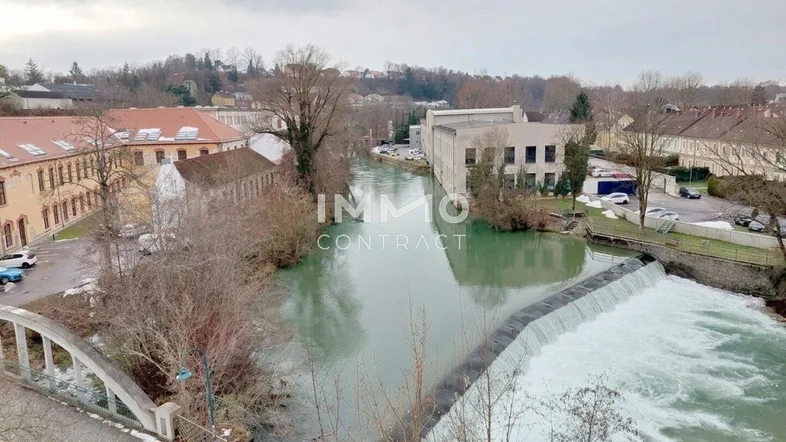 Panoramablick auf den Fluss mit Wehr und umliegenden Gebäuden in einer grünen Umgebung.