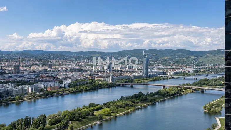 Panoramablick über die Donau und die Wiener Skyline mit modernen Gebäuden und Brücken.