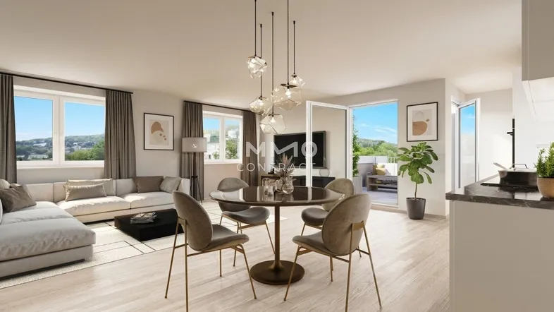 Moderner offener Wohn- und Essbereich mit hellen Holzböden, großen Fenstern und Zugang zu einer Terrasse mit Grünblick.