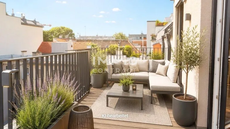 Geräumiger Balkon mit L-förmigem Sofa, Holzboden und weitem Blick über die Dächer der Stadt.