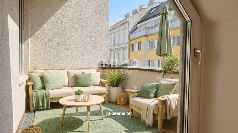 Gemütlicher Balkon mit bequemen Gartenmöbeln und Blick auf die umliegenden Stadtgebäude.