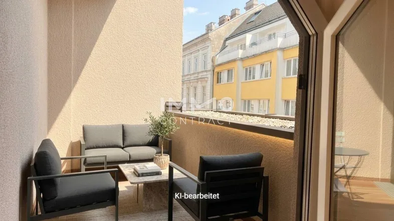 Gemütlicher Balkon mit modernen Outdoor-Möbeln und Blick auf die Stadt.