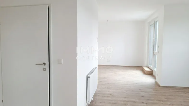 Helles, leeres Zimmer mit Laminatboden und Zugang zu einem Balkon.