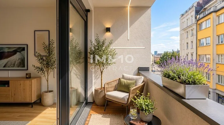 Heller Balkon mit bequemen Sitzgelegenheiten, Pflanzen und einem schönen Blick auf die Stadt.