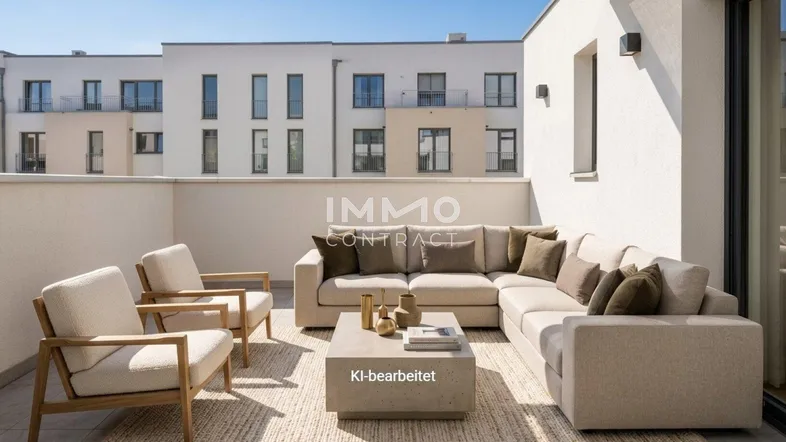 Moderne Dachterrasse mit bequemen Loungemöbeln, Sonnenschutz und Blick auf umliegende Gebäude.