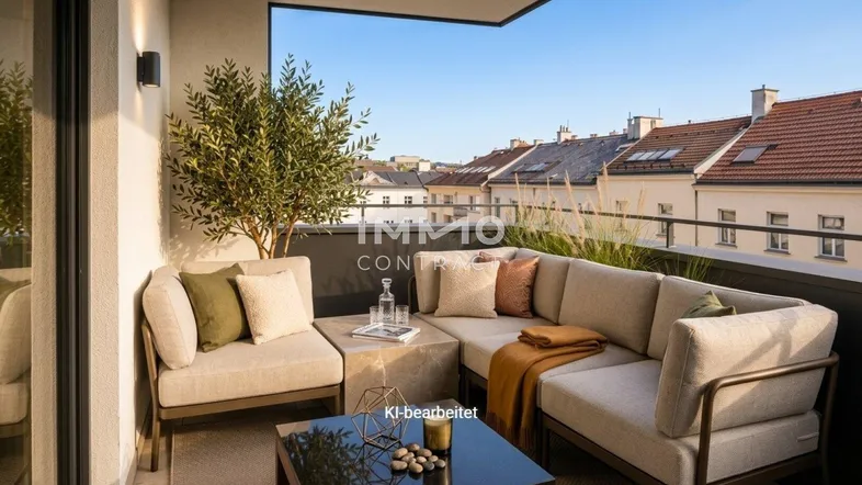 Geräumiger Balkon mit bequemen Lounge-Möbeln und Blick auf die umliegenden Gebäude.
