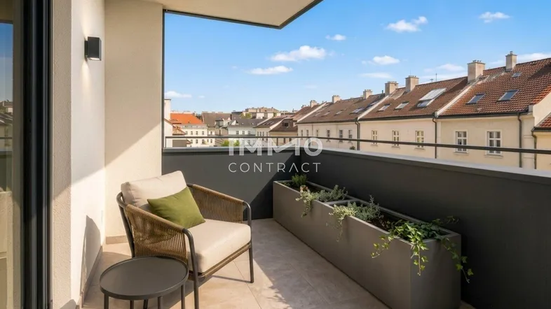 Heller Balkon mit modernen Gartenmöbeln, Pflanzenkübeln und Blick über die Dächer der Stadt.