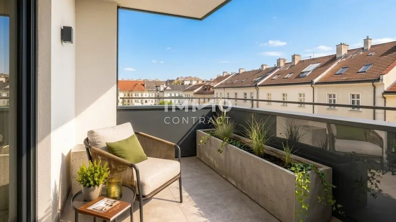 Heller Balkon mit bequemen Sitzgelegenheiten, Pflanzen und Blick auf die umliegenden Dächer.
