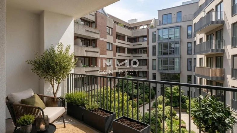 Gemütlicher Balkon mit Sitzgelegenheiten und Blick auf den begrünten Innenhof des modernen Gebäudekomplexes.