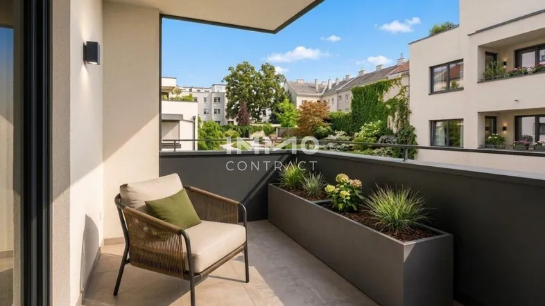 Moderner Balkon mit bequemen Sitzgelegenheiten, Pflanzen und Blick auf die umliegende Wohngegend.