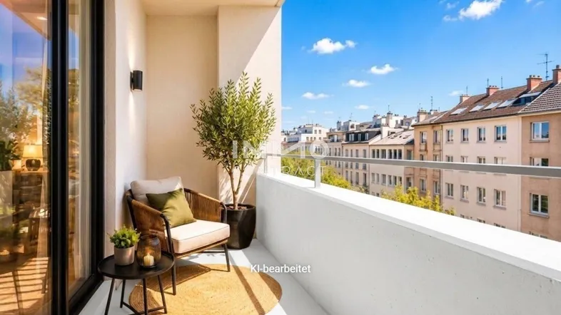 Gemütlicher Balkon mit modernen Sitzgelegenheiten, Topfpflanze und weitem Blick über die Stadt.