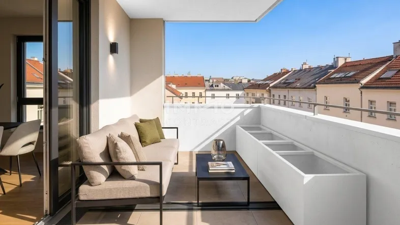 Moderner Balkon mit bequemen Outdoor-Möbeln, integrierten Pflanzgefäßen und Blick über die Dächer der Stadt.