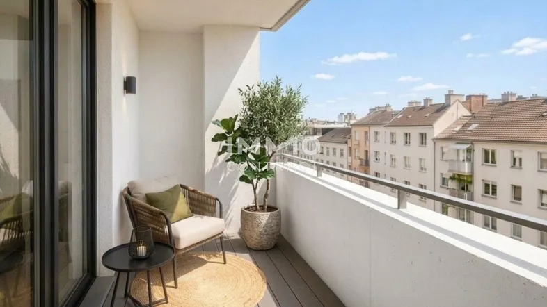 Heller Balkon mit bequemen Sitzgelegenheiten, Pflanzen und weitem Blick auf die Stadt.