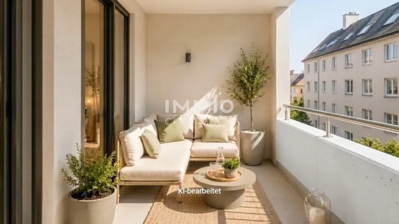 Heller, modern eingerichteter Balkon mit bequemen Sitzmöbeln, Pflanzen und Blick auf die Stadt.