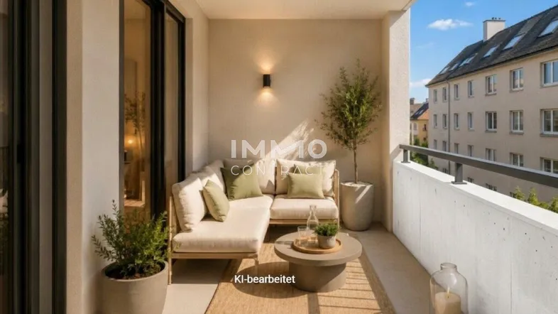 Gemütlicher Balkon mit bequemen Gartenmöbeln, Pflanzen und Blick auf die umliegende Stadtbebauung.