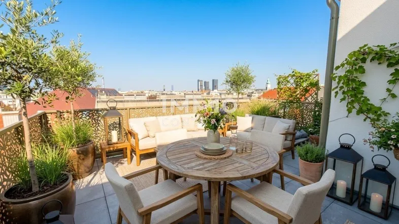 Sonnige Dachterrasse mit Essbereich und Lounge-Möbeln, bietet einen weiten Blick über die Stadt.
