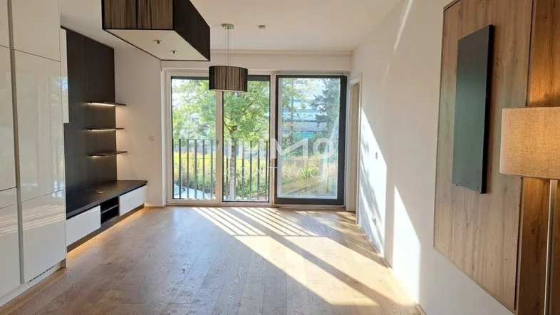 Helles Wohnzimmer mit Holzboden, modernen Einbaumöbeln und Zugang zu einem Außenbereich.