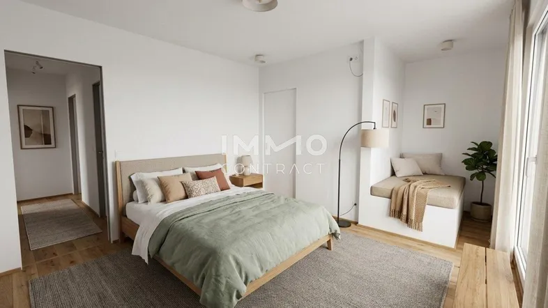 Helles, modern eingerichtetes Schlafzimmer mit Holzboden, hohen Decken und integrierter Sitzbank am Fenster.