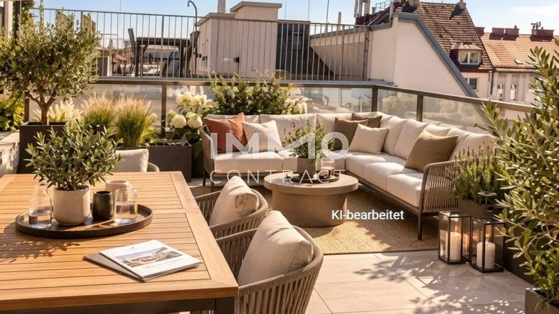 Geräumige Dachterrasse mit modernen Gartenmöbeln, Sonnenschirm und Pflanzen, ideal zum Entspannen im Freien.
