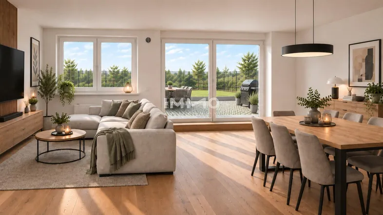 Heller, offener Wohn- und Essbereich mit Holzboden und Zugang zu einer Terrasse mit Gartenblick.