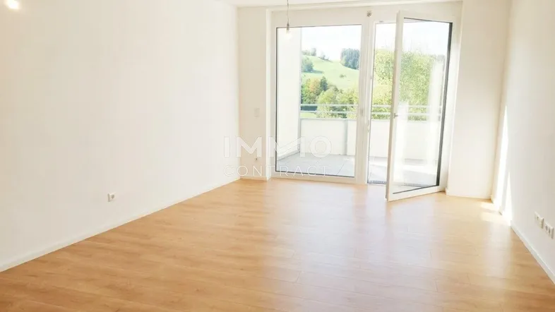 Helles, leeres Wohnzimmer mit Laminatboden und Zugang zu einem Balkon mit grüner Aussicht.