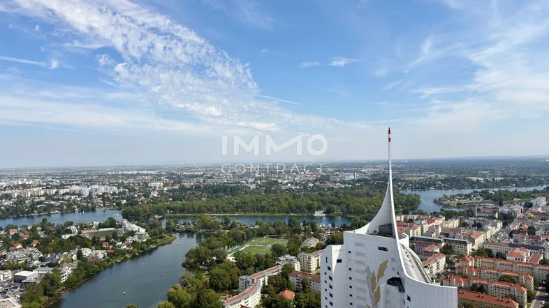 Panoramablick über die Stadt Wien mit der Donau und umliegenden Gebäuden unter blauem Himmel.