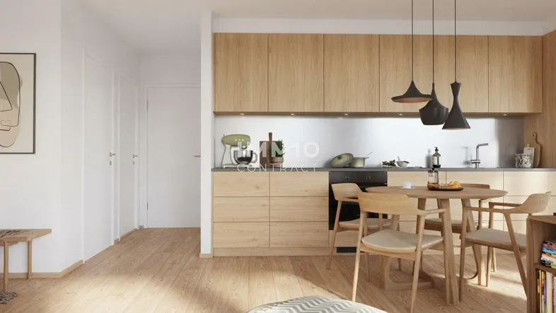 Moderne offene Küche mit Holzelementen und Essbereich in einem hellen Wohnraum.
