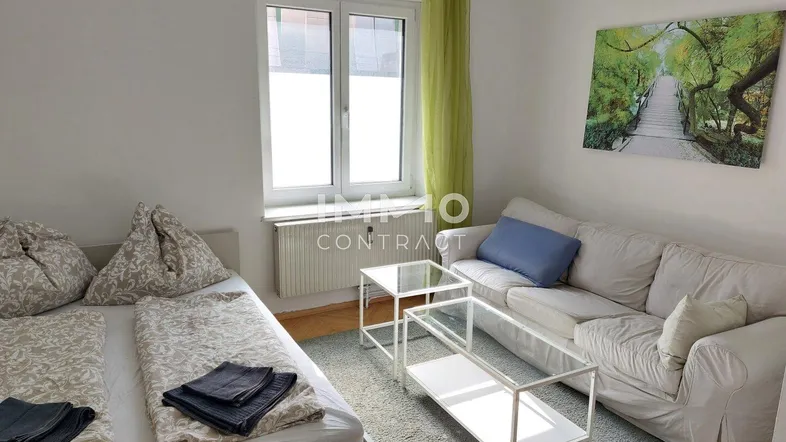 Helles Wohnzimmer mit Schlafsofa, Teppichboden und Blick ins Grüne durch das Fenster.
