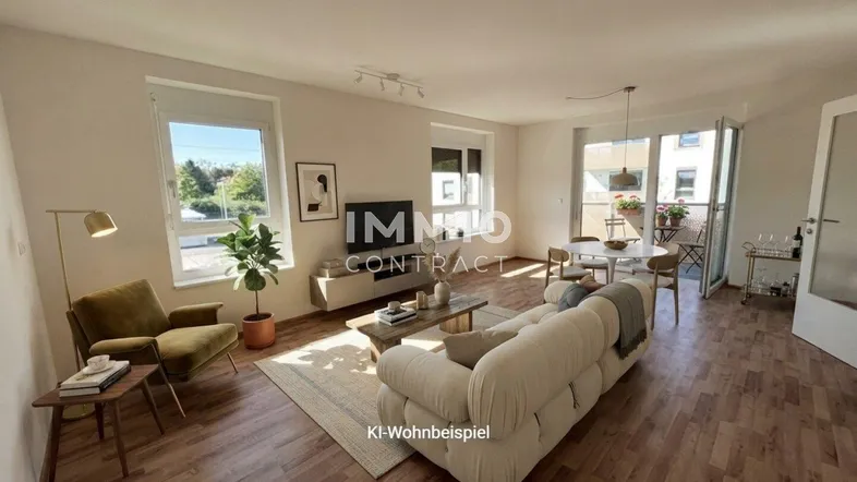 Helles Wohn- und Esszimmer mit Holzboden, modernen Möbeln und Zugang zu einem Balkon.