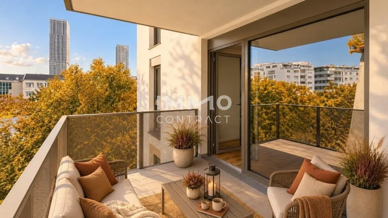 Möblierter Balkon mit Glasgeländer und Blick auf die Stadt und umliegende Gebäude.