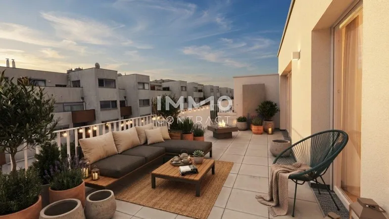 Gemütliche Dachterrasse mit moderner Lounge-Möblierung, Pflanzen und stimmungsvoller Beleuchtung für entspannte Abende.