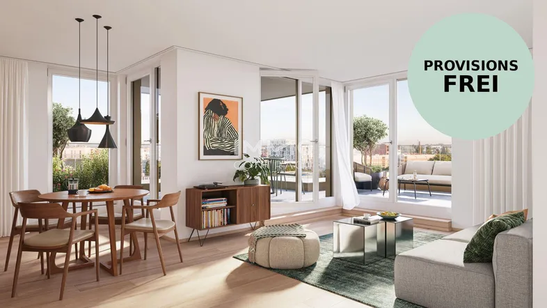 Heller, offener Wohn- und Essbereich mit Holzboden, modernen Möbeln und Zugang zu einer großen Terrasse mit Stadtblick.