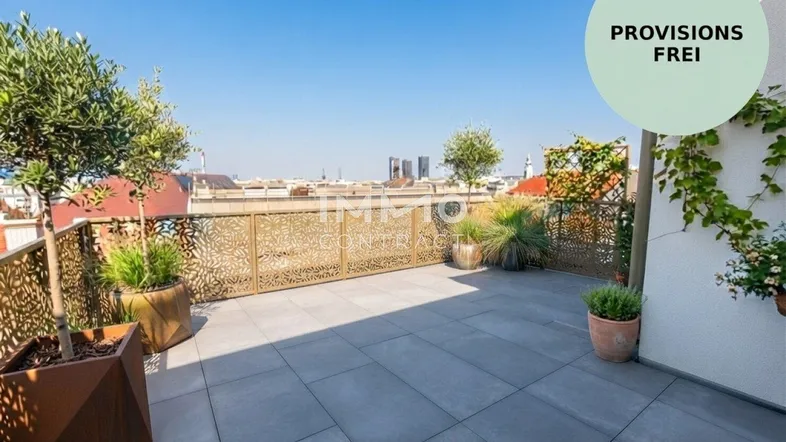 Geräumige Dachterrasse mit modernen Ziergittern, Pflanzen und weitem Blick über die Stadt.