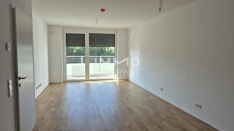 Helles, leeres Zimmer mit Parkettboden und Zugang zu einem Balkon, ideal für Wohn- oder Schlafbereich.