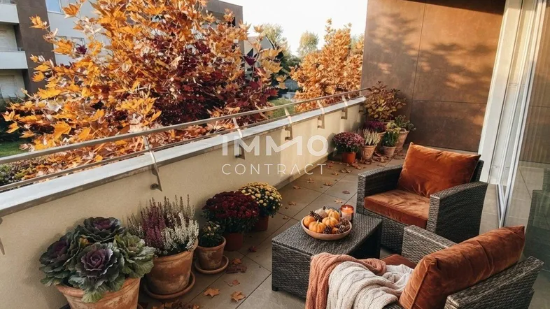 Gemütlicher Balkon mit herbstlicher Dekoration, bequemen Sitzgelegenheiten und Blick ins Grüne.