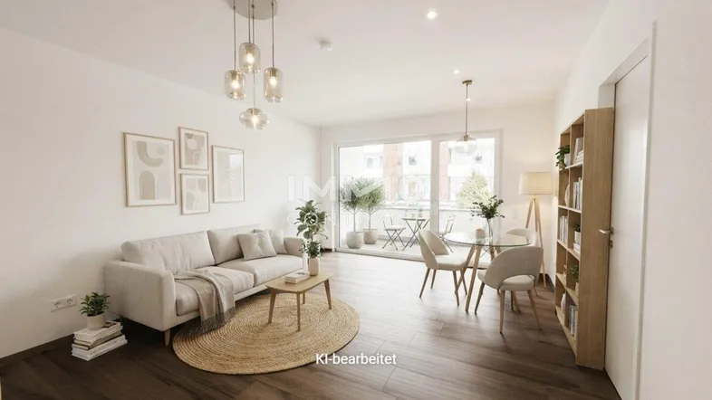 Helles, offenes Wohn- und Esszimmer mit Holzboden und Zugang zu einem Balkon.