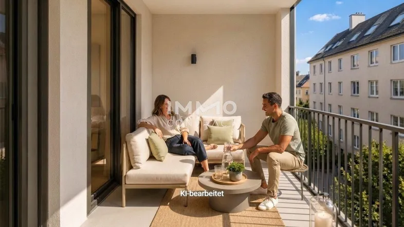 Moderner Balkon mit bequemen Outdoor-Möbeln, viel natürlichem Licht und Blick auf die Stadt.