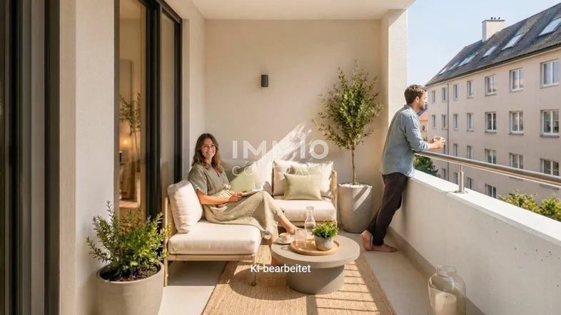 Heller Balkon mit modernen Outdoor-Möbeln, Topfpflanzen und Blick auf die Stadt.