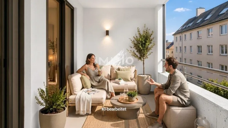 Moderner Balkon mit bequemen Outdoor-Möbeln, Pflanzen und Blick auf die Stadt.