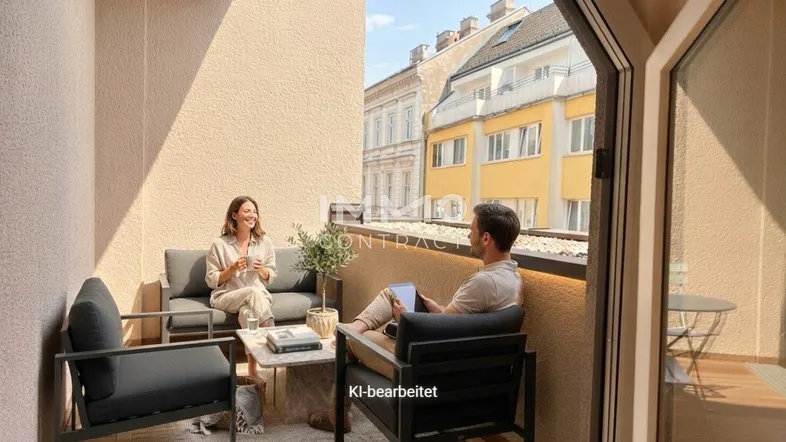 Gemütlicher Balkon mit modernen Outdoor-Möbeln, Holzboden und Blick auf die umliegenden Gebäude.